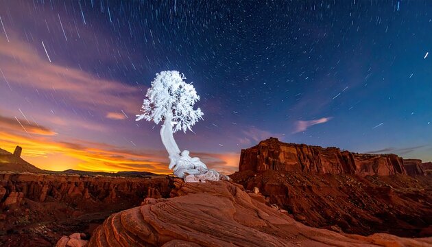 Frozen white tree on red desert canyon at twilight.