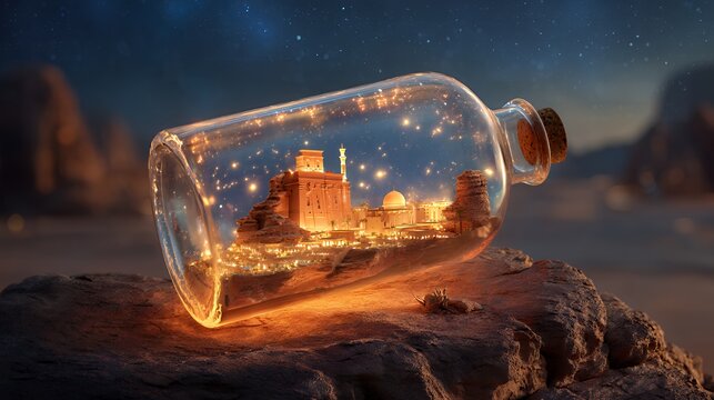 Ancient Arabian Gulf Desert Fortress Preserved Inside Glass Bottle, Historic Mudbrick Castle, Cultural Heritage, Fantasy Architecture and Middle Eastern Landmark Concept