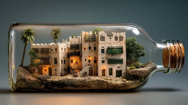 Traditional Arabian Gulf Heritage Village Inside Glass Bottle with Historic Mudbrick Architecture, Palm Trees, Desert Oasis and Timeless Middle Eastern Cultural Landscape
