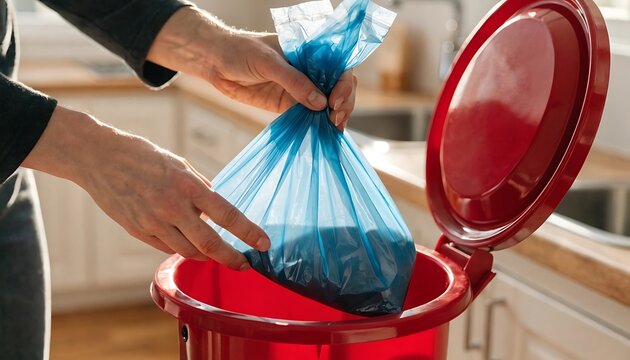Person throwing a blue plastic trash bag into a red kitchen bin for waste disposal and recycling