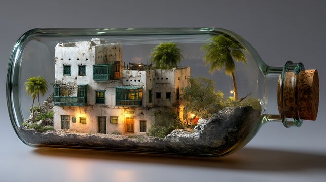 Traditional Arabian Gulf Heritage Village Inside Glass Bottle, Historic Mudbrick Houses, Desert Oasis Architecture, Cultural Preservation and Middle Eastern Tourism Concept
