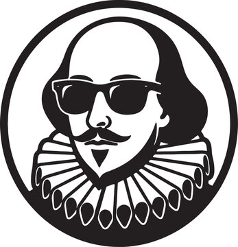 A circular black and white featuring a portrait of william shakespeare wearing dark sunglasses, isolated on a white background, representing literature, poetry, and classic culture with a twist