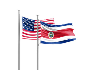 Fototapeta premium Costa Rica and America friendship flags are waving on white background. Both flags are with Cutout Path. Costa Rica USA national flag for comittment.