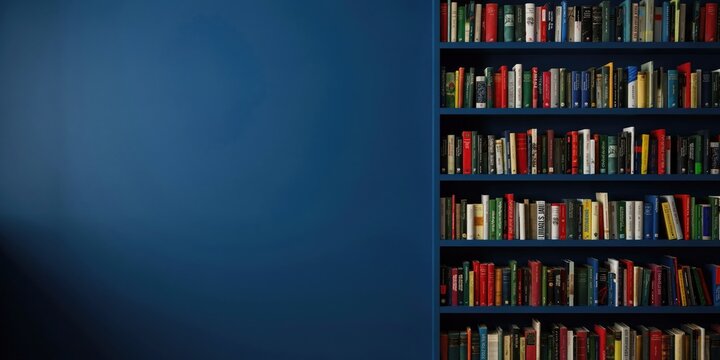 Bookshelves filled with colorful books against a solid dark blue wall