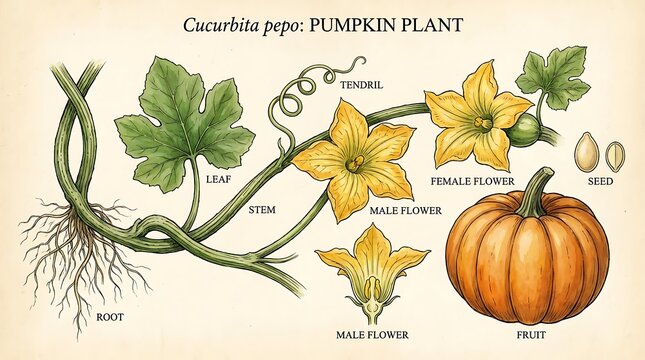 Illustration of a pumpkin plant with leaves flowers fruit, illustration