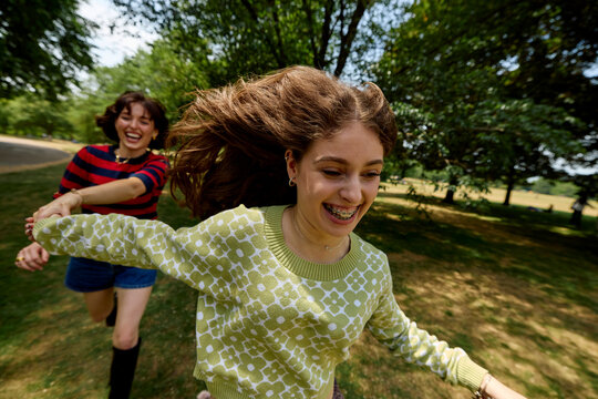 Friends have fun in a park