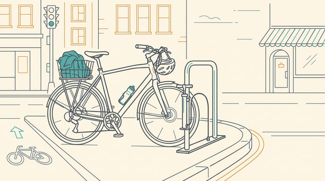 Urban bike commute station with bicycle and city bike lane