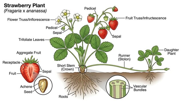 Strawberry plant with labeled parts and stages of growth strawberry botanical