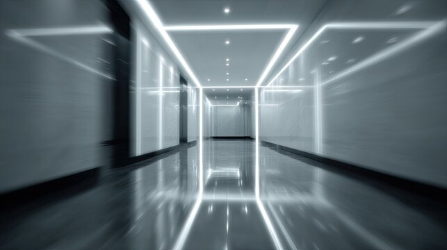 Futuristic empty hallway with bright white neon lighting.