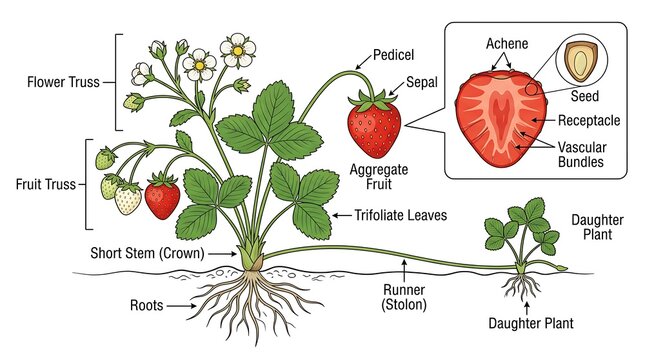 Botanical illustration of a strawberry plant with labeled parts, strawberry