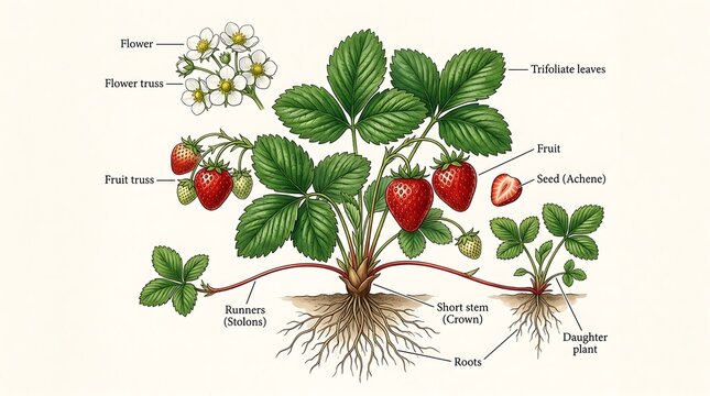 Illustration of strawberry plant with labeled parts including leaves flowers