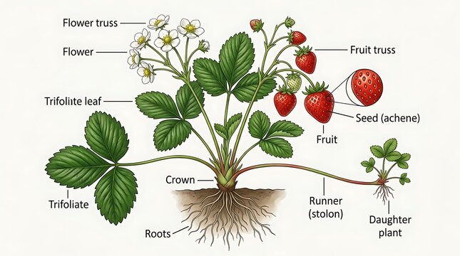 Detailed botanical illustration of a strawberry plant with labeled parts