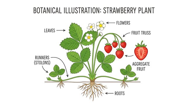 Botanical illustration of strawberry plant with labeled parts, strawberry