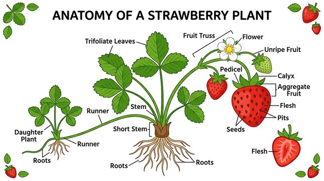Anatomy of a strawberry plant with detailed labeled parts and botanical