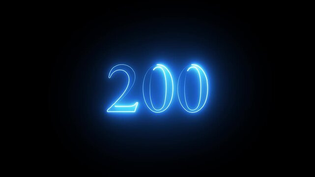 Modern glowing blue and pink neon number 200, Motion graphics of text 200 number 4k animation.