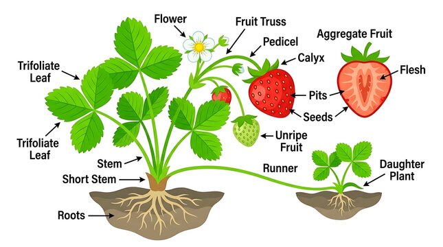 Diagram of a strawberry plant showing parts and growth stages with strawberry