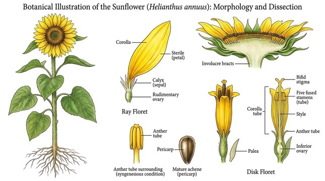 Diagram of a sunflower plant showing parts and growth stages with sunflower