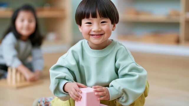 Child stacking blocks looking at camera in classroom setting