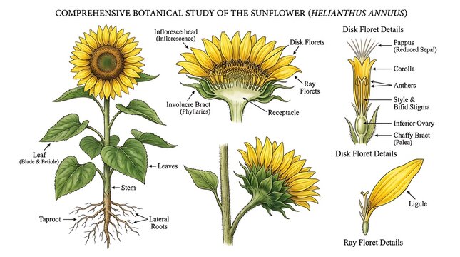 Sunflower plant diagram with labeled parts and growth stages, sunflower