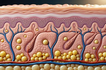Naklejka premium Cross section shows human skin layers with epidermis dermis and hypodermis. Includes hair follicles sebaceous glands blood vessels and fat cells. Detailed microscopic view of skin structure.