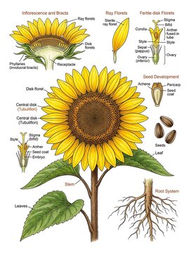 Detailed botanical illustration of a sunflower with labeled parts and stages