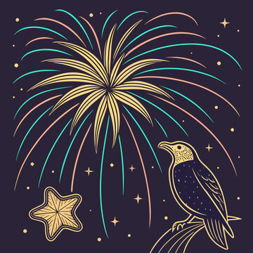 Bird watching colorful fireworks starburst illustration with stars and sparkles on dark blue background eye catching attention grabbing fireworks starburst illustration sparkles background