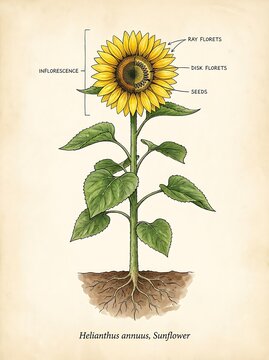 Botanical illustration of a sunflower plant with labeled parts, sunflower