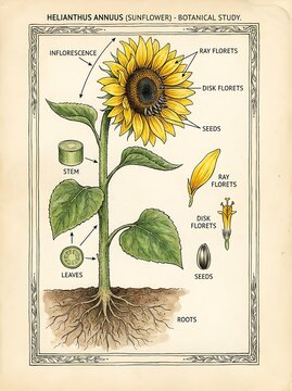 Botanical illustration of a sunflower plant with detailed annotations of its