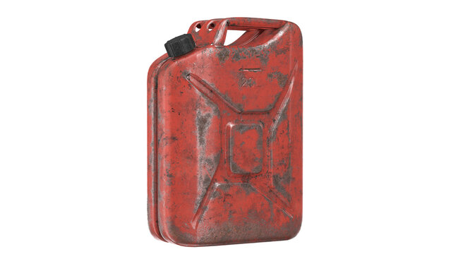 Rusty metal gas can in a three quarter view. Realistic 3D render of an old weathered jerrycan with corroded texture, isolated on transparent background.