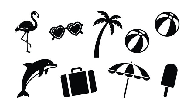 Black silhouettes of summer vacation objects and animals on white background