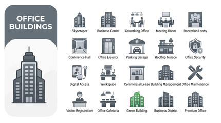 Fototapeta premium Vector Collection of Corporate Office Building Icons for Real Estate Infrastructure and Professional Workplace Facilities Design