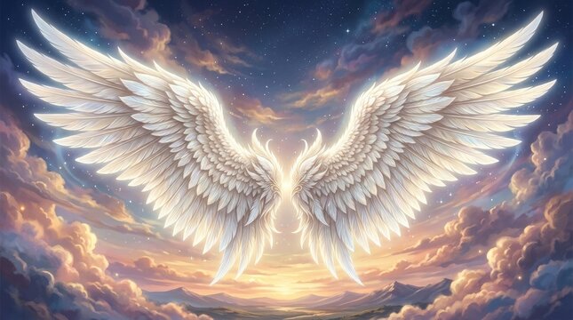 Large white angel wings glowing in the dark night sky with clouds