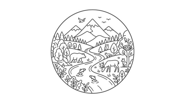 Nature landscape illustration: wild animals, river, mountains and forest in circle