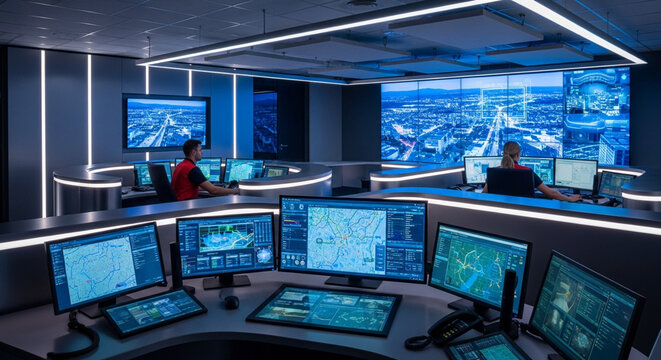 Modern emergency dispatch and command center with digital displays