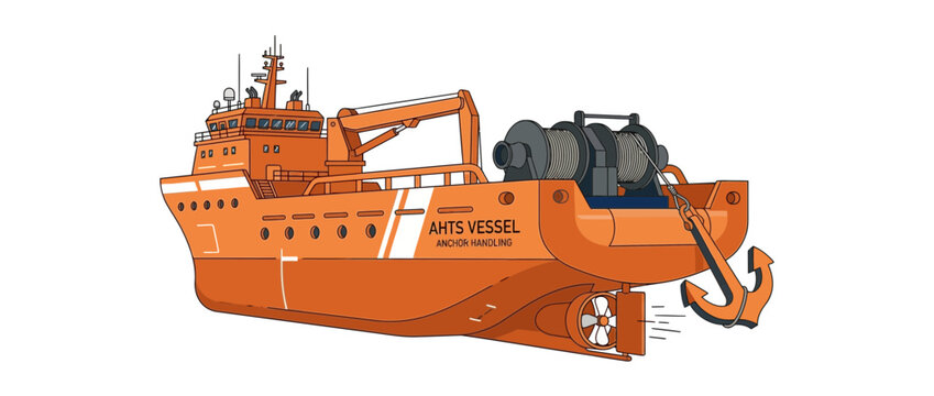 Orange Anchor Handling Tug Supply Vessel Illustration with Crane and Winch