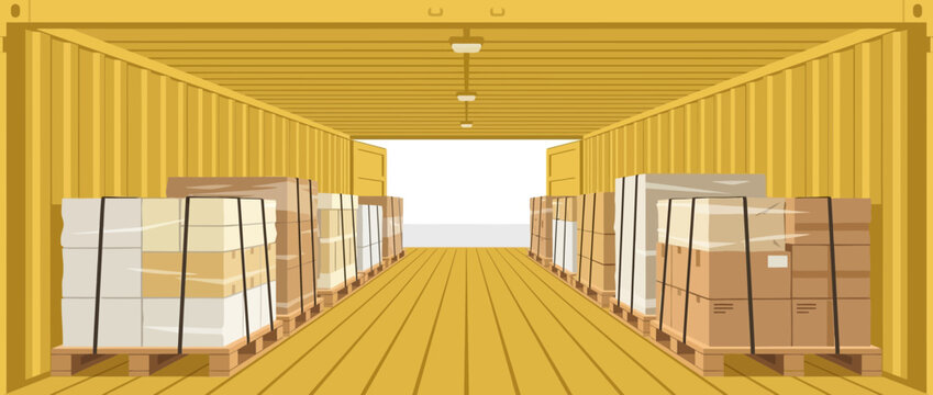 Inside shipping container full of cargo boxes on pallets, logistics and delivery concept