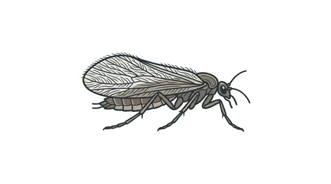 Detailed illustration of a drain fly with wings and legs visible.