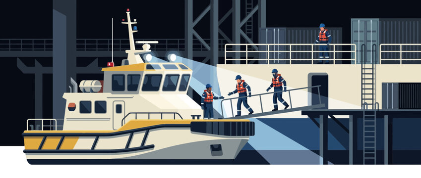 Maritime crew disembarking vessel at industrial port at night, safety vests, floodlights