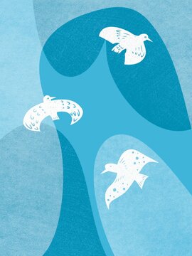 Three Birds Fly Over Blue Waves
