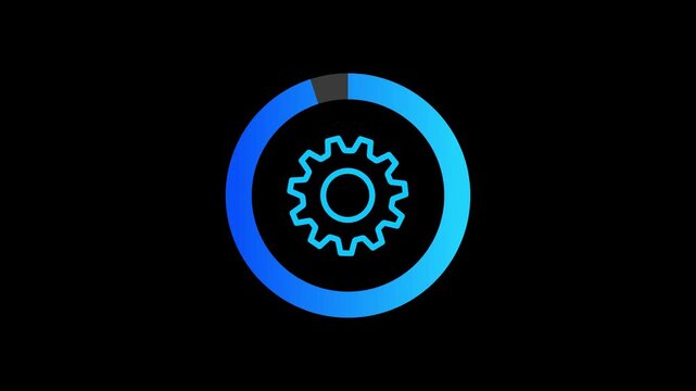 Animated circular settings progress indicator with gear icon and gradient loading ring. loading animation, circle loading icon, circle loading, circular loading mark on black background
