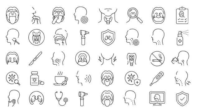 Otolaryngology line icons set, ENT medical treatment vector elements, ear nose and throat healthcare symbols for clinic and hospital apps isolated on White Background