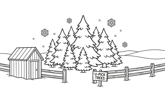 U pick christmas tree farm line art illustration with shed and snowflakes
