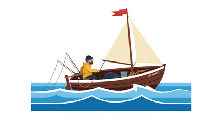 Naklejka premium A fisherman in a yellow jacket sails a small boat with a red flag, fishing rods, and a net on the ocean.
