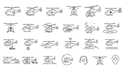 Minimalist helicopter line icons, set of 24 medical and transport chopper vectors, emergency rescue aviation symbols isolated on White Background © Iram