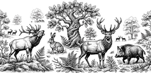 Naklejka premium Vintage Wild Animals Engraving Seamless Horizontal Border Pattern with Detailed Sketches of Deer Elk Boar Rabbit and Oak Tree Forest Landscape