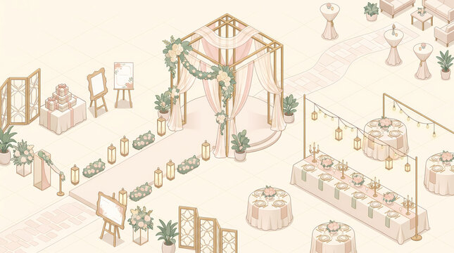 Wedding venue planning with ceremony arch tables and floral decor