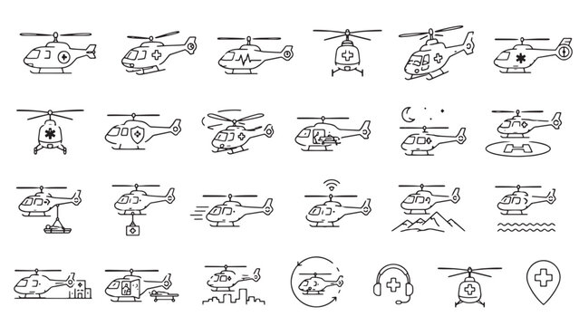 Minimalist helicopter line icons, set of 24 medical and transport chopper vectors, emergency rescue aviation symbols isolated on White Background