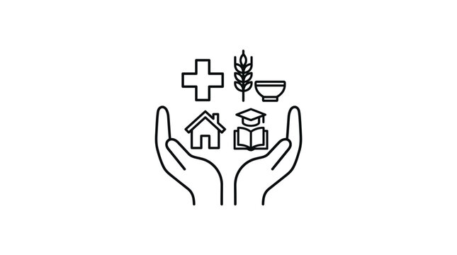 Hands Holding Icons of Basic Needs: Health, Home, Education, Food