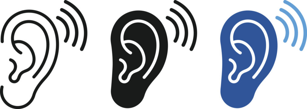 Human ear icon set with sound wave signals representing hearing and listening in outline solid and blue color graphic styles, listening