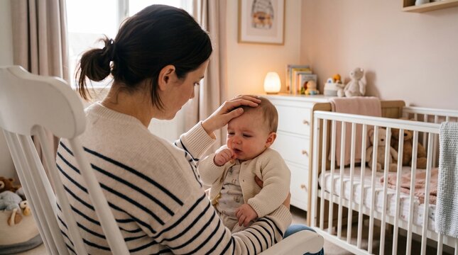 Mother checking forehead of sick baby sitting in rocking chair. Woman comforting ill child at home. Parenting, healthcare and support concept for newborn infant with cough or fever.